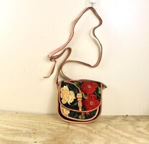 New Handmade Mexican Leather Fabric Bag Floral Embroidery Wooden Toggle Closure